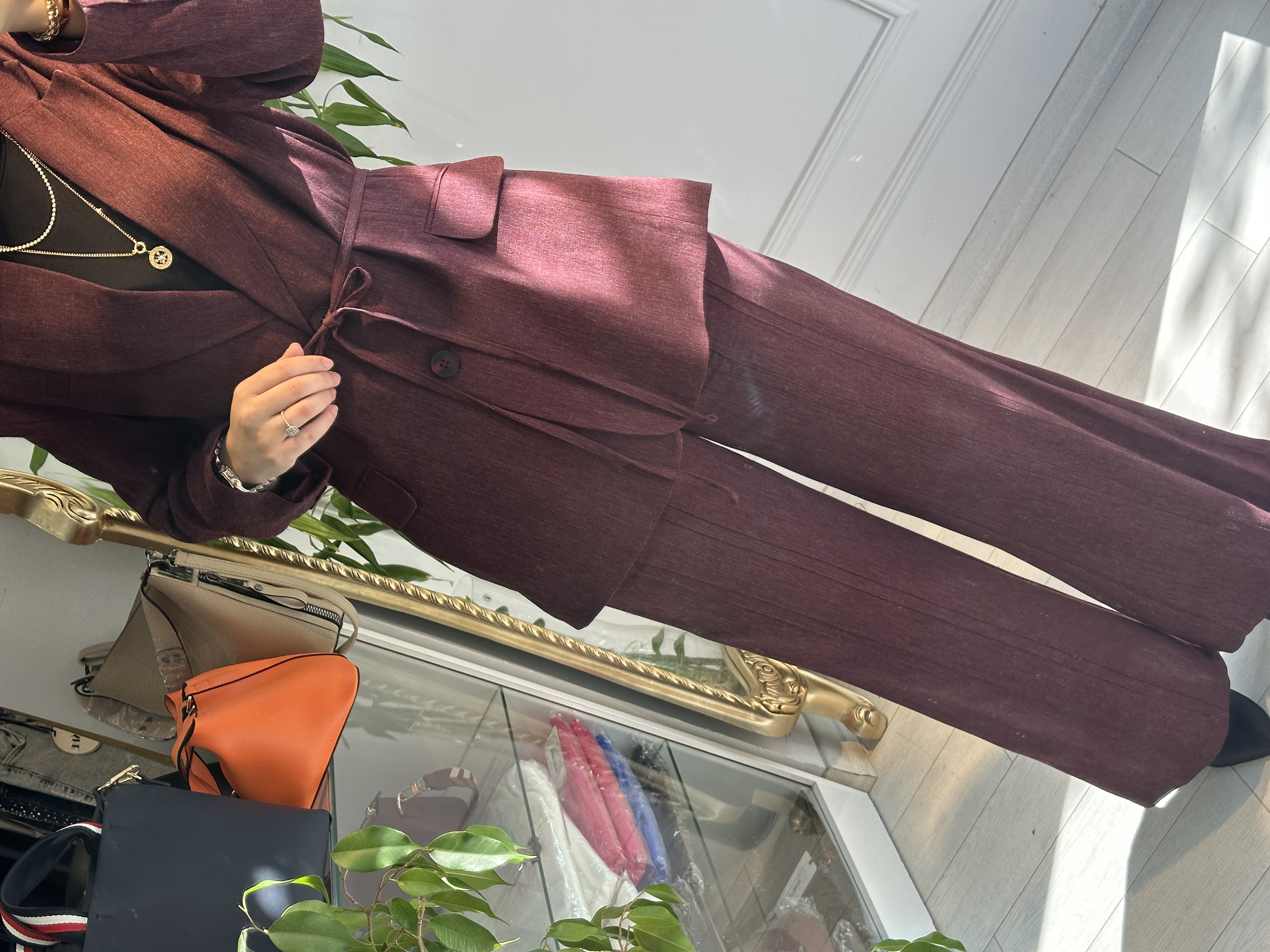 Ceketli takım belden bağlamalı bordo