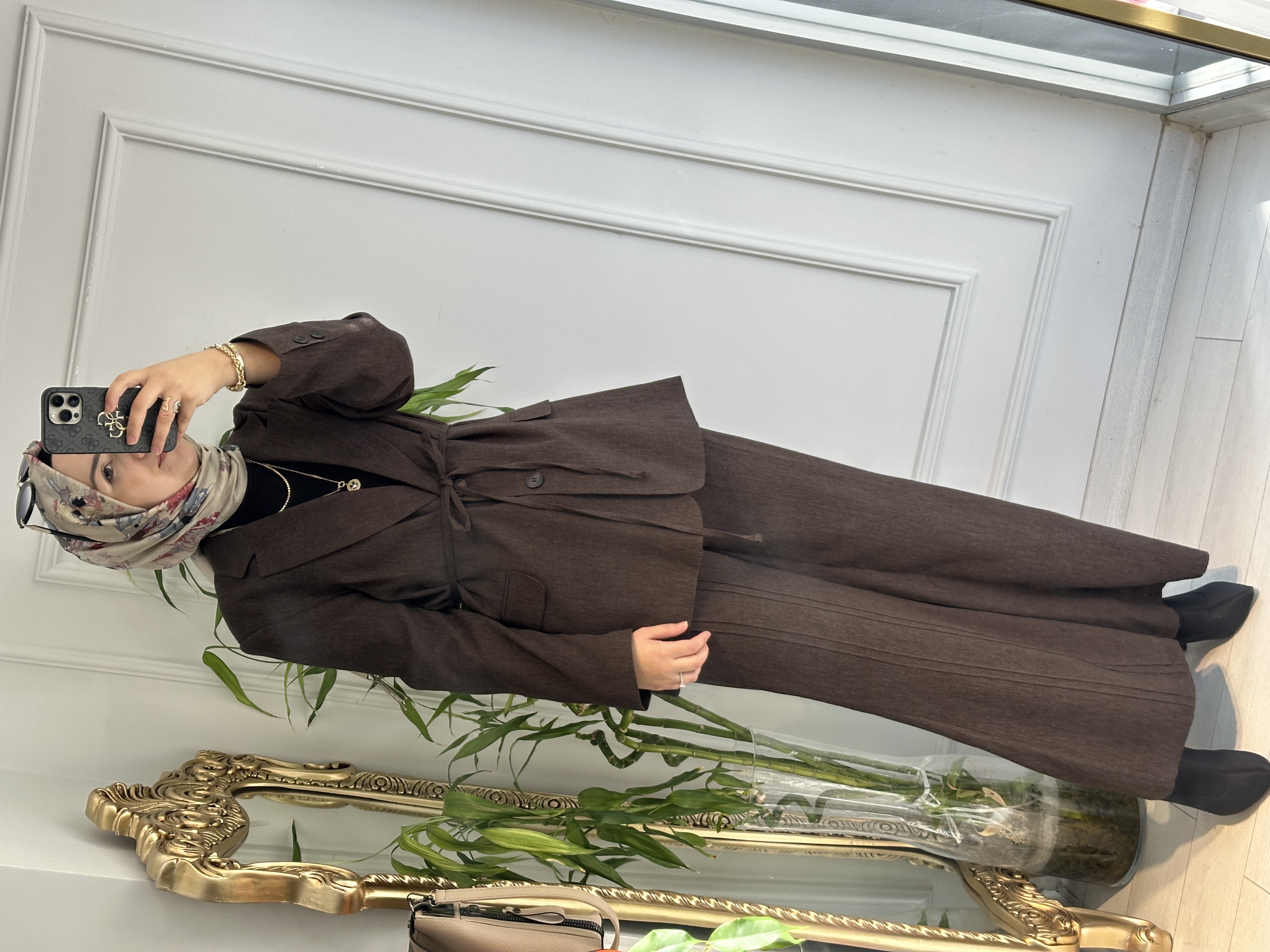 Ceketli takım belden bağlamalı Kahve