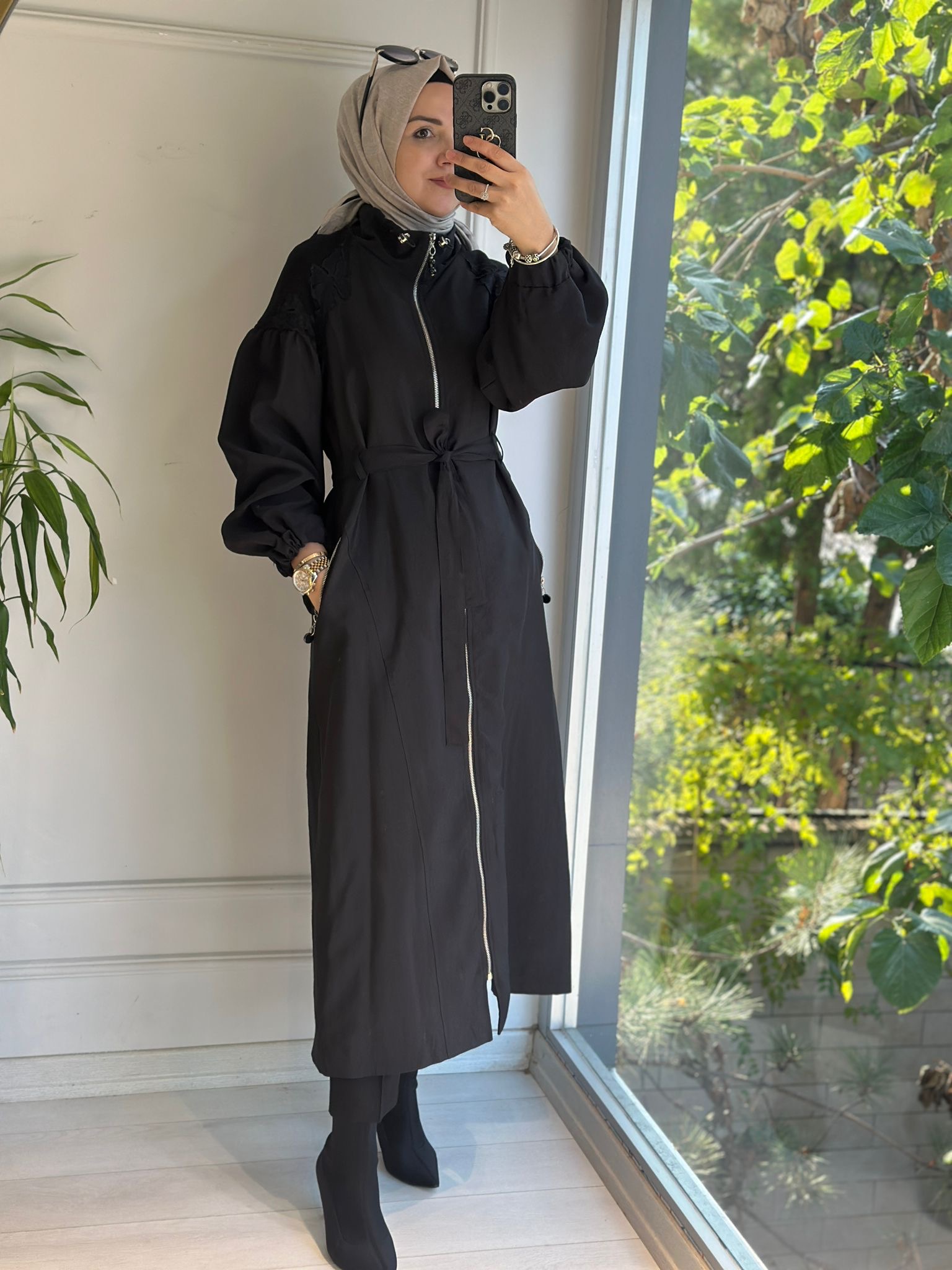 Dantel Detaylı Trençkot Siyah