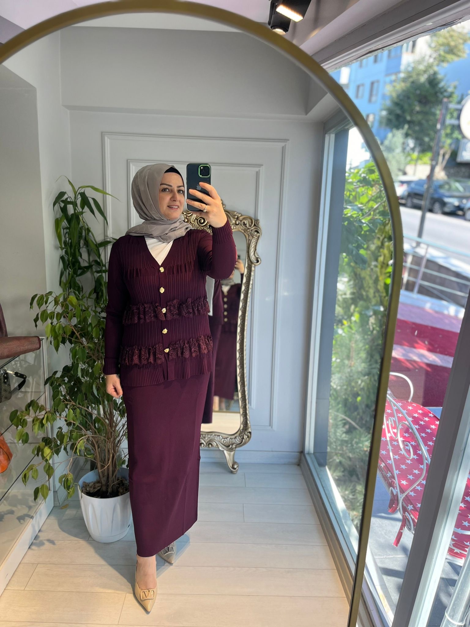 Etek ucu 2 Sıra Dantel Hırka Bordo
