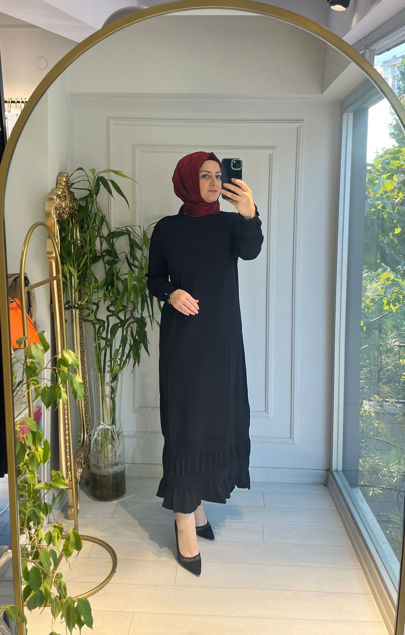 ETEK UCU FIRFIRLI MERSERİZE ELBİSE SİYAH