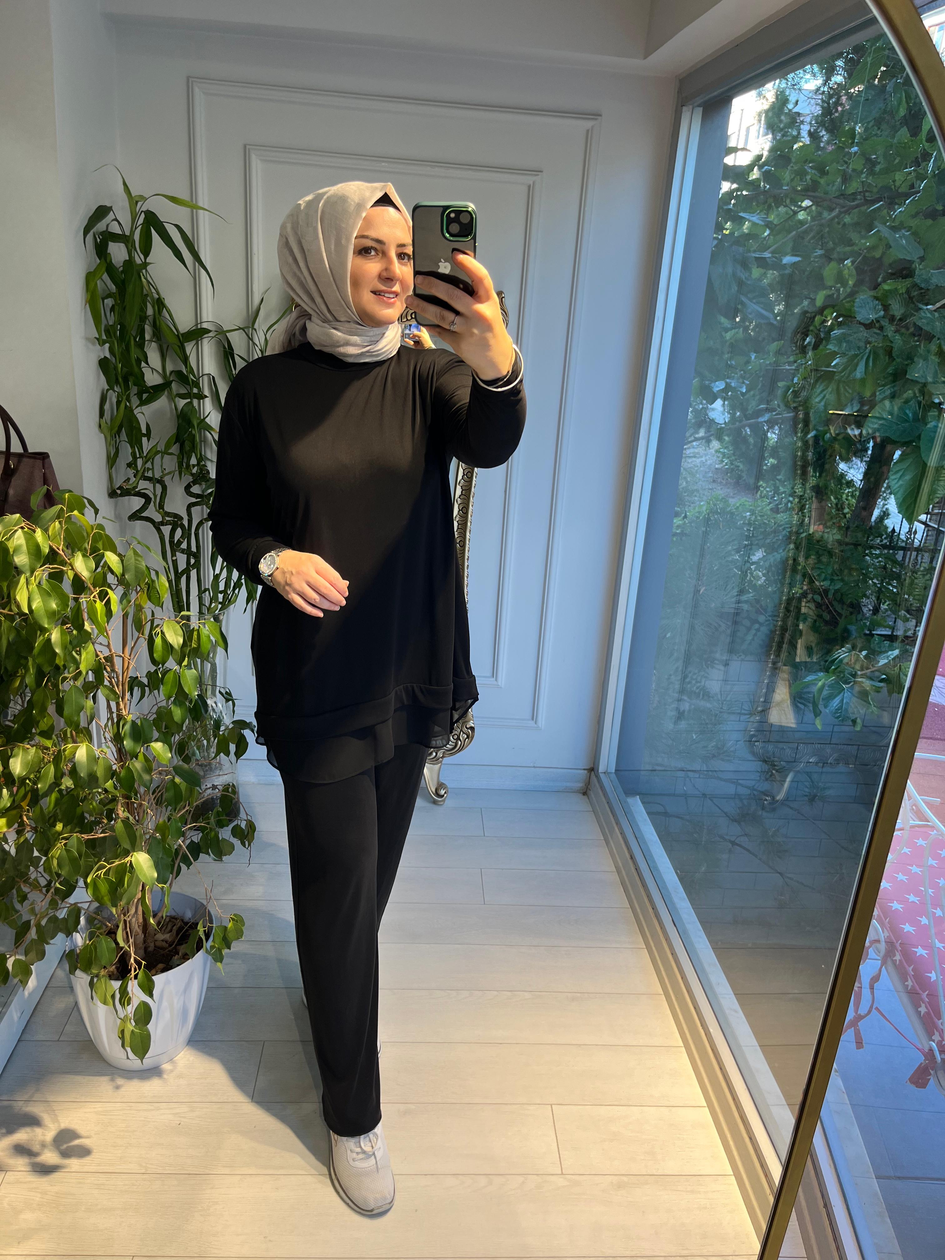 Etek ucu Şifon Modal Kumaş Takım Siyah