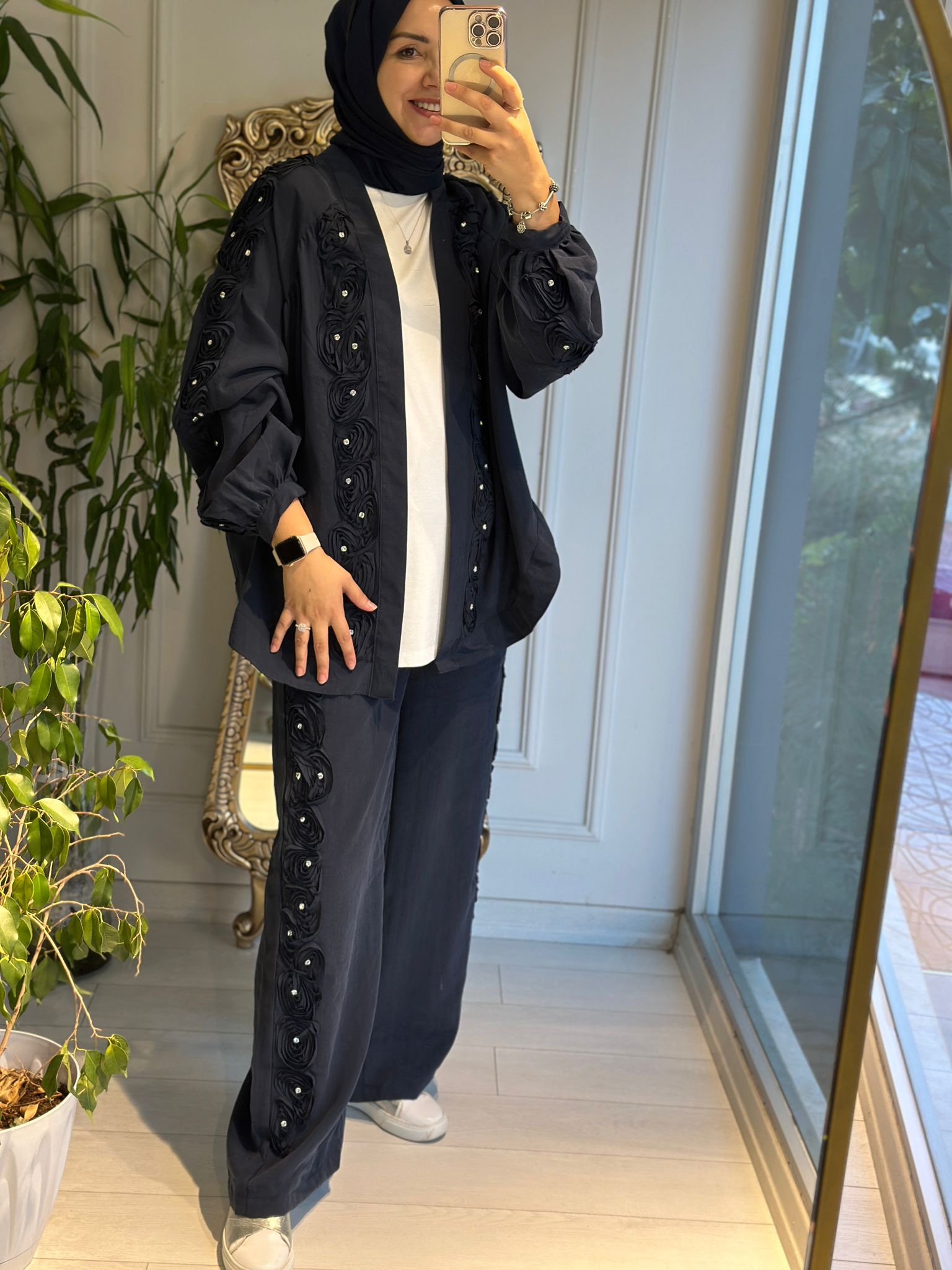 Gül Detaylı Kimona Lacivert