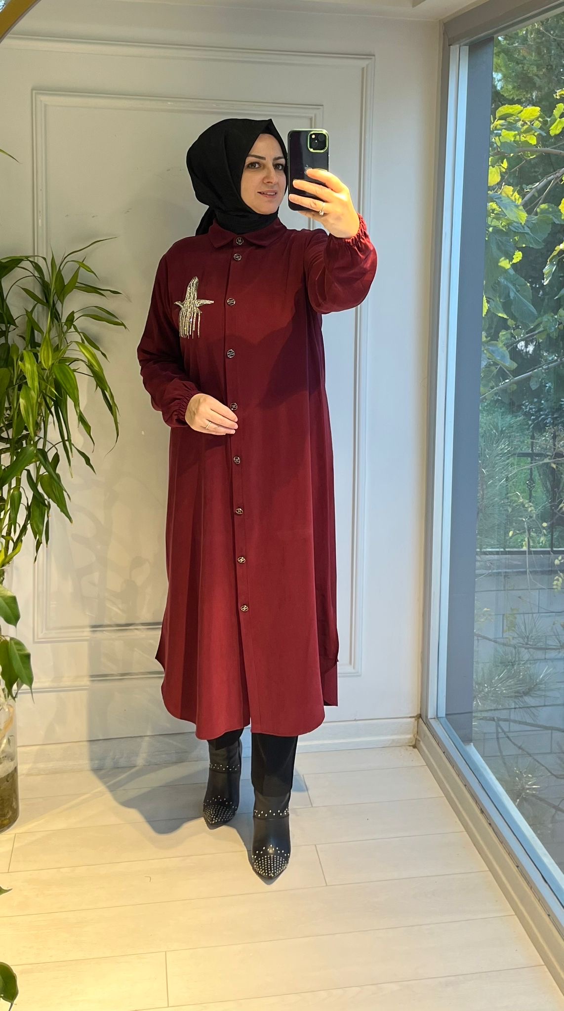 KUŞLU UZUN GÖMLEK BORDO