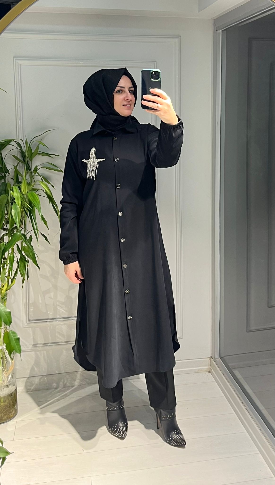 KUŞLU UZUN GÖMLEK SİYAH