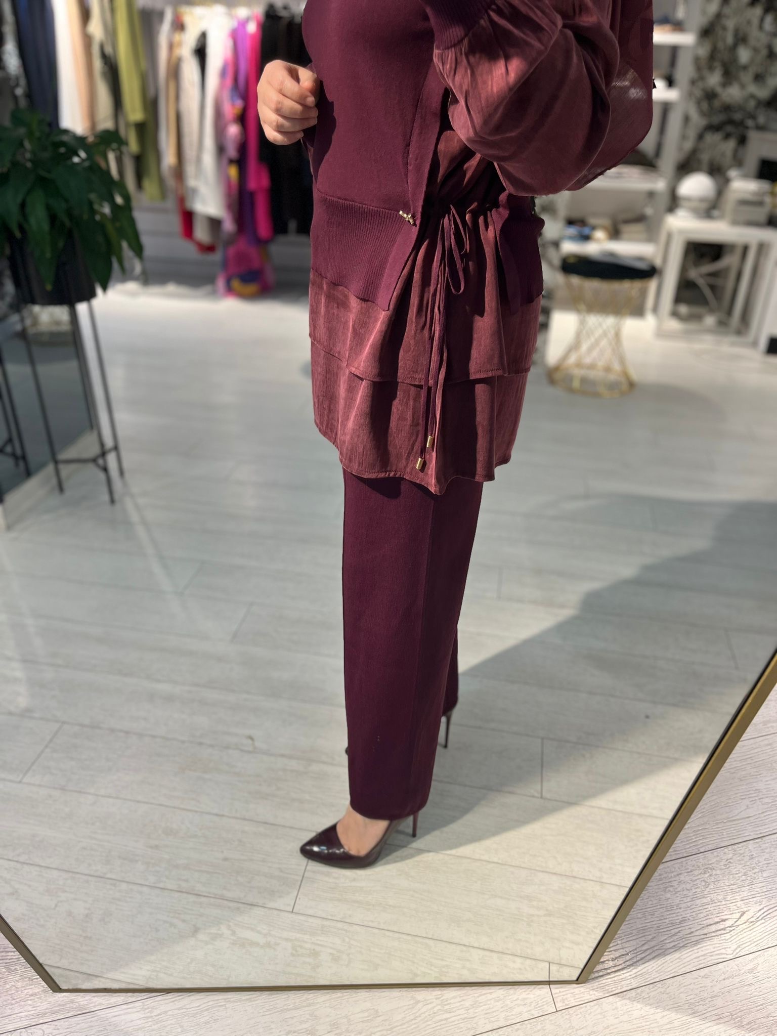 Nervürlü Bol Paça Merserize Pantolon Bordo