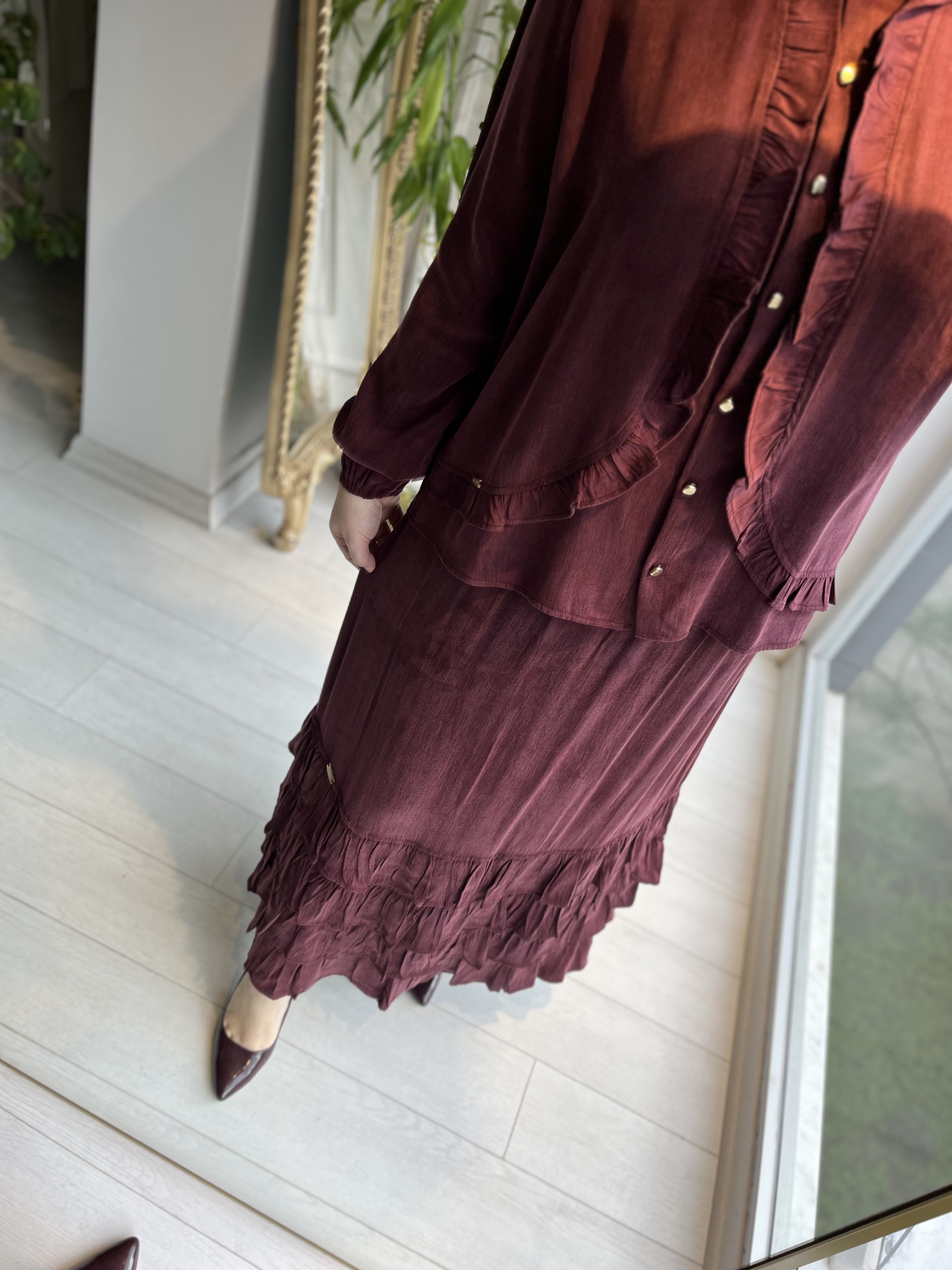 Ön fırfırlı cupra gömlek  Bordo