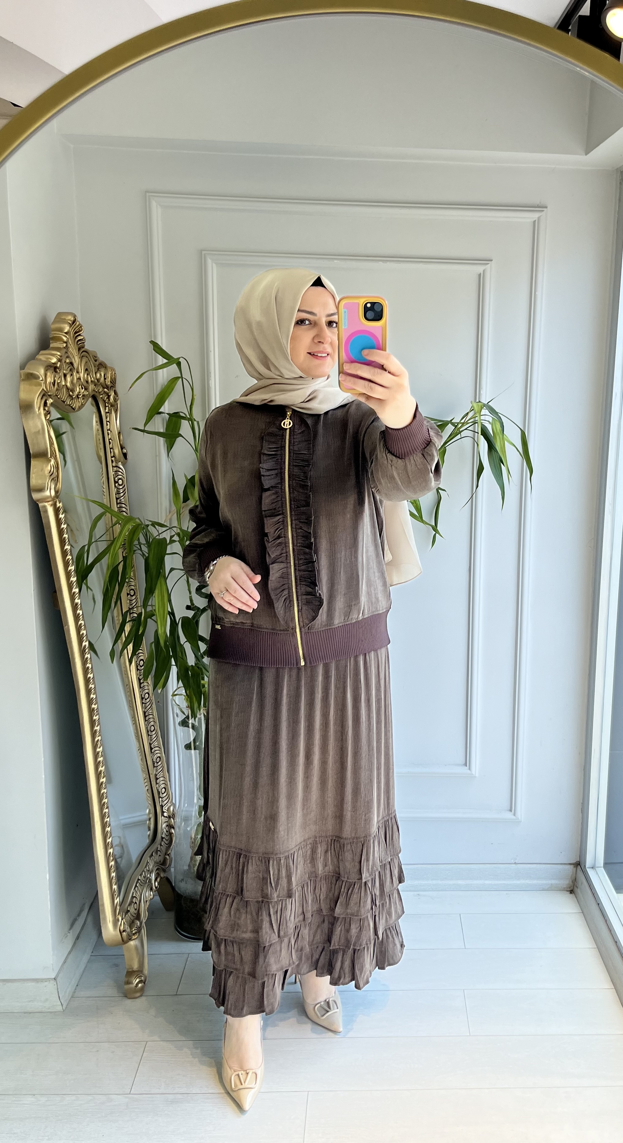 Ön orta fırfrılı bomber ceket kahverengi