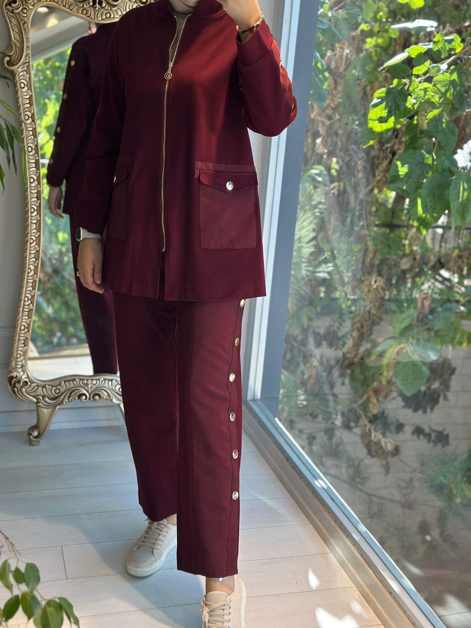 Tek tarafı çıtçıt pantolon Bordo