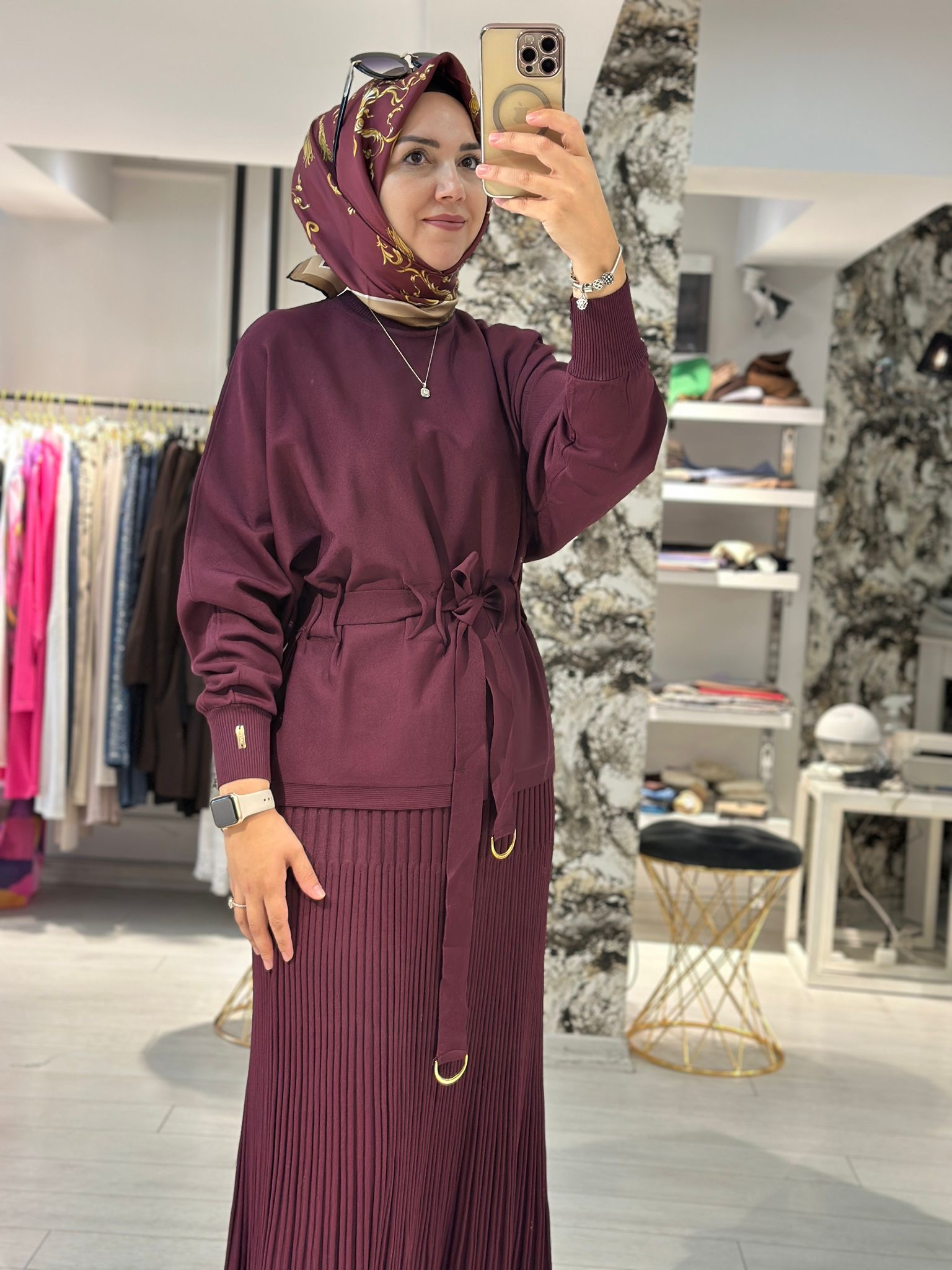 Yarasa Kol Belden Büzgülü Kısa Tunik Bordo