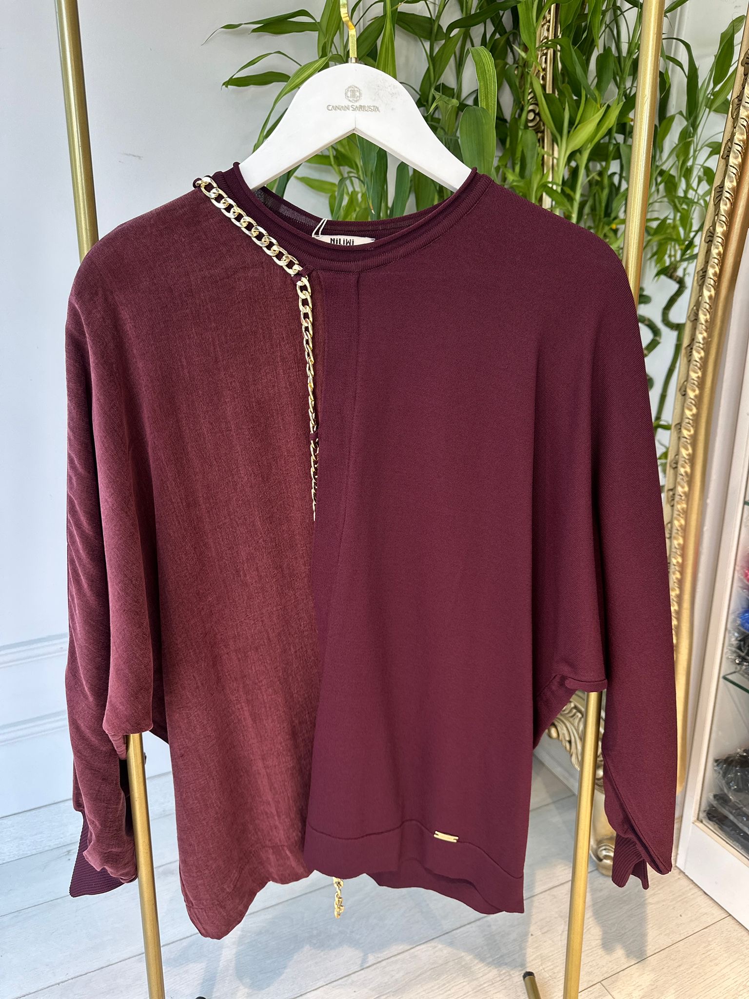 Yarısı Kumaş Zincirli Yarasa Bluz Bordo